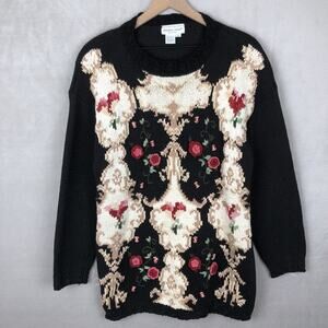 VTG JENNIFER REED Hand Knitted Embroidered Sweater Sz‎ S 3-D Floral Cottage Long